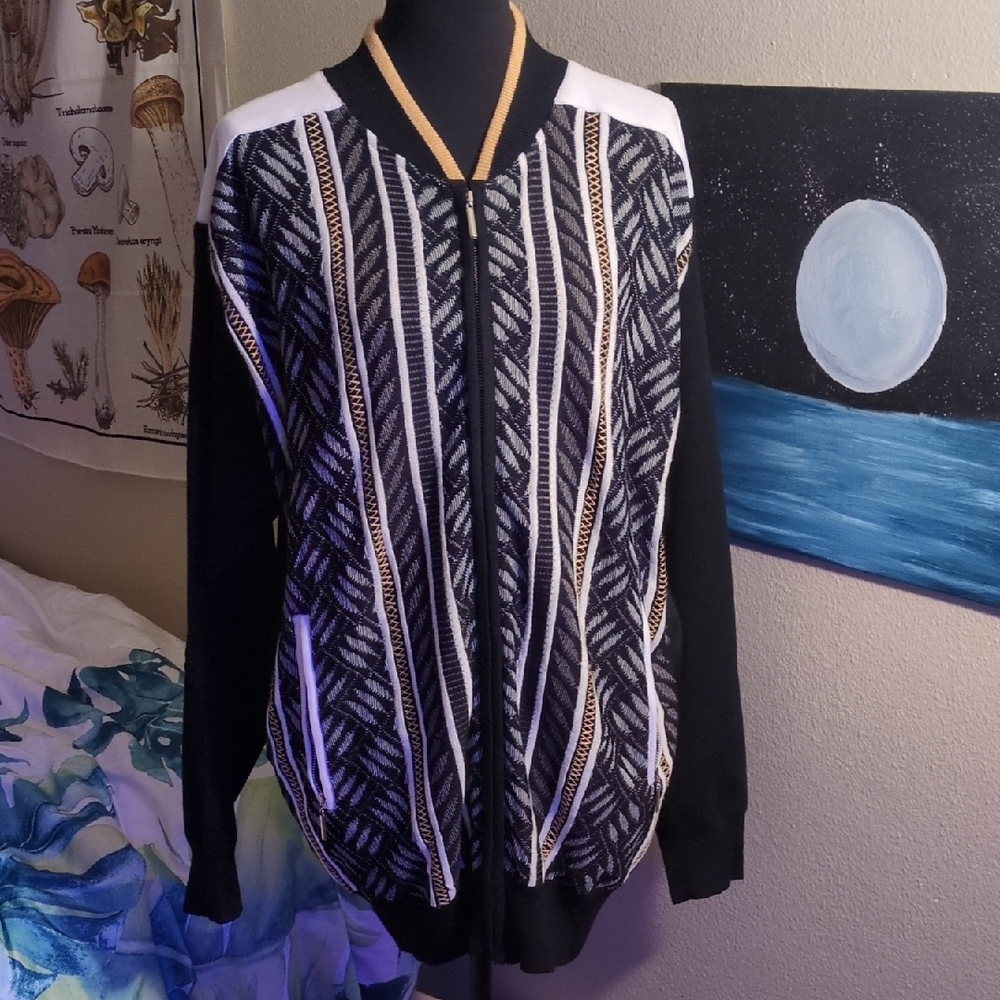 Stacy Adams Men's XL Zip Up Jacquard Black Gold & White Knit Sweater